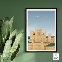 Decorative Mallorca wall art poster featuring a vintage design of the island's architecture and landscape.
