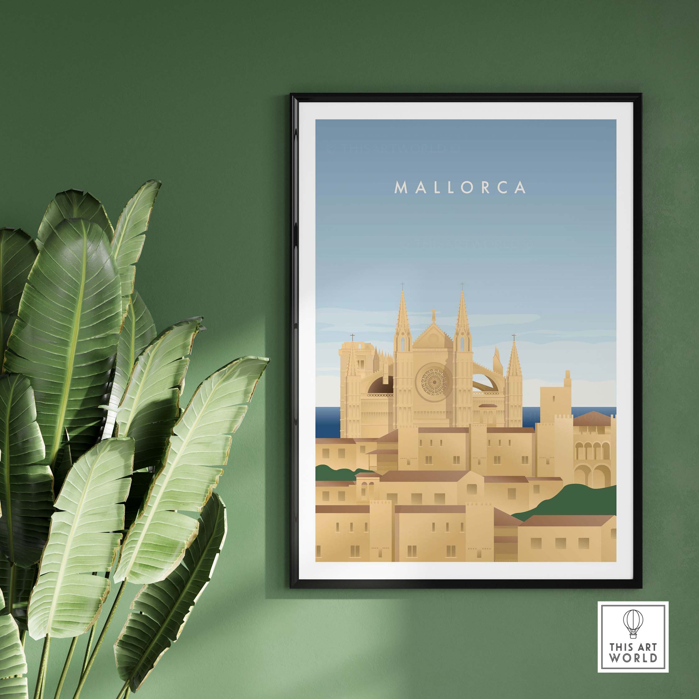 Decorative Mallorca wall art poster featuring a vintage design of the island's architecture and landscape.