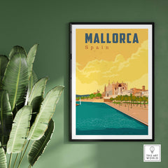 Mallorca Spain vintage travel poster print with vibrant colors, perfect for home or office wall art.