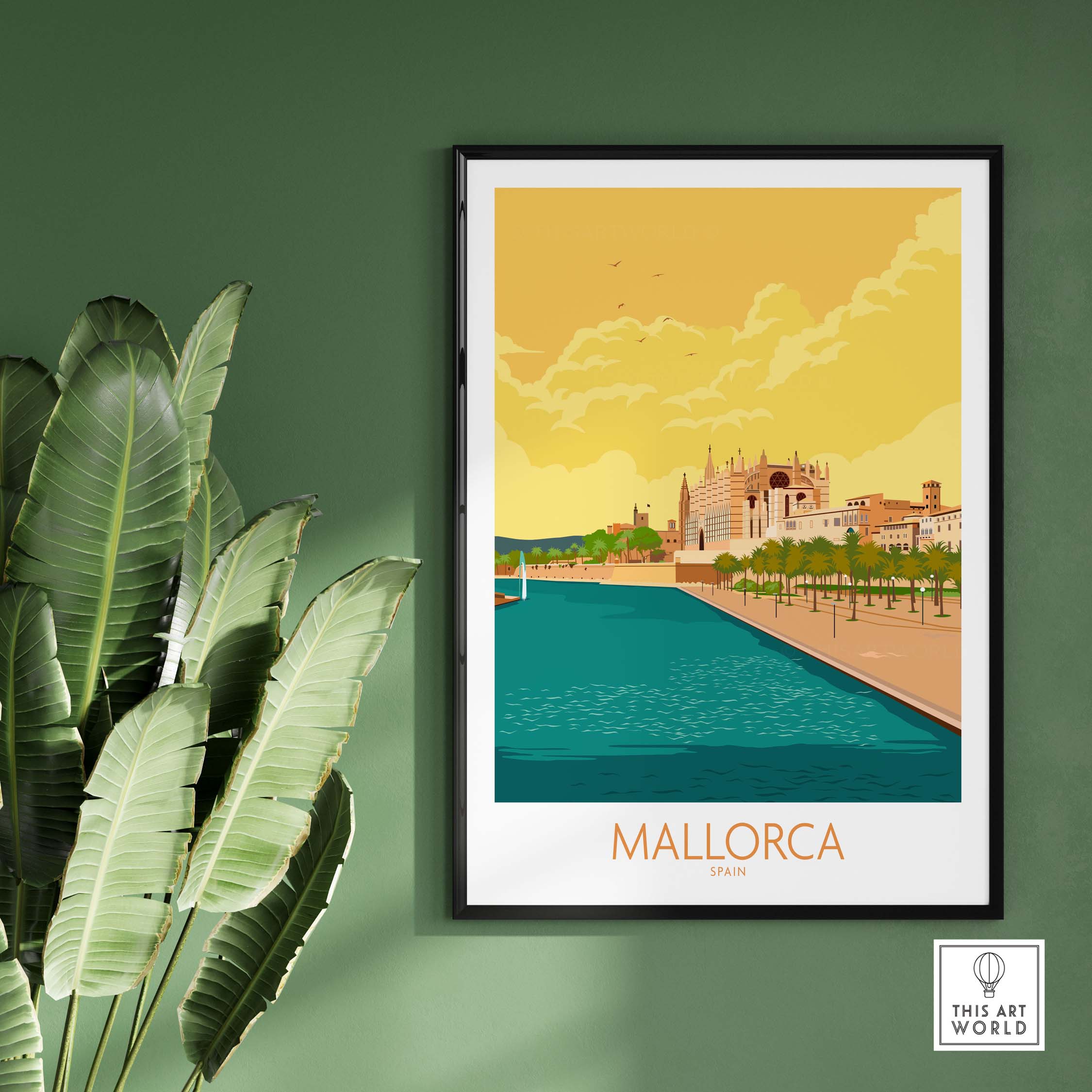 Mallorca Poster showcasing a scenic view of Spain with vibrant colors and stylish design on a green wall.