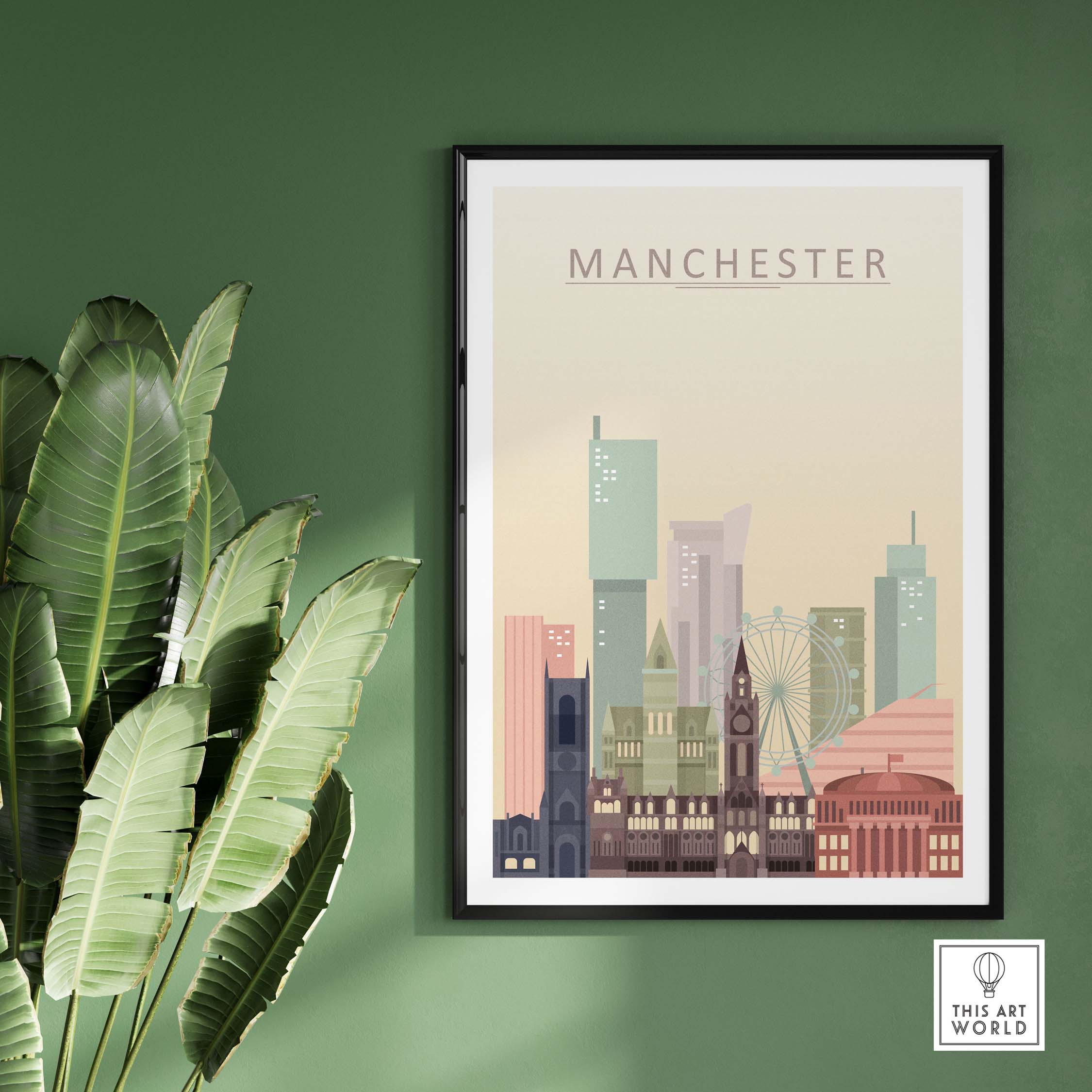 Manchester city skyline print showcasing iconic architecture in warm pastel tones, framed and displayed on a green wall.