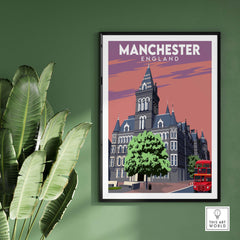 Manchester Poster Print featuring vintage art of Manchester's architecture and a red double-decker bus.