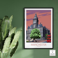 Manchester art print showcasing vintage style with a red bus and historic architecture, perfect for home decor.