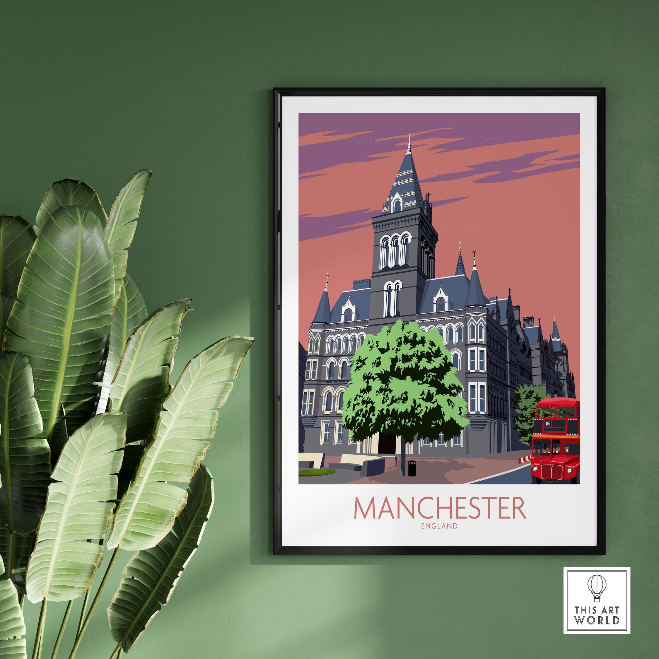 Manchester art print showcasing vintage style with a red bus and historic architecture, perfect for home decor.
