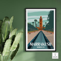 Marrakesh Print Morocco Poster featuring the iconic landmark and palm trees, perfect for travel-inspired decor.