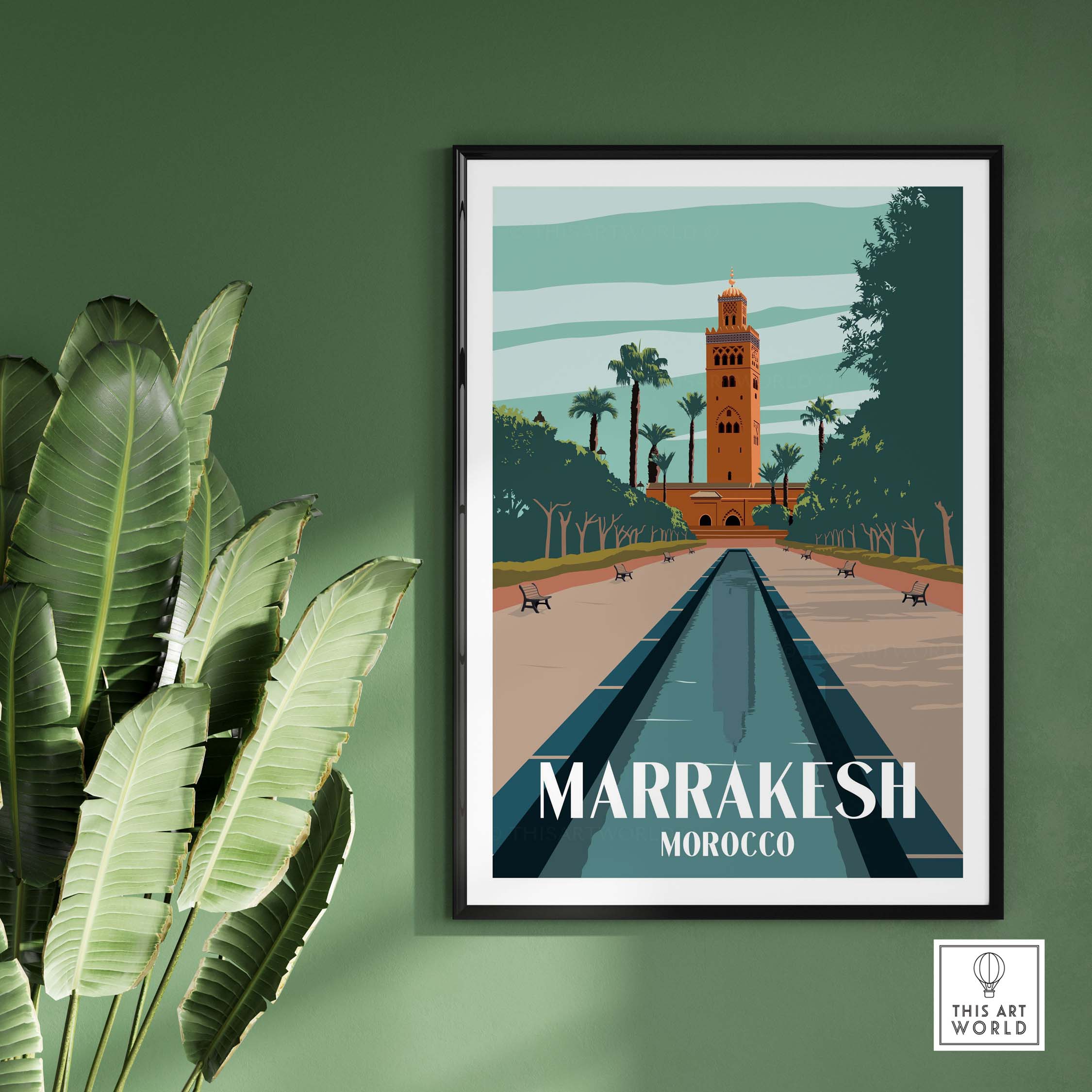 Marrakesh Print Morocco Poster featuring the iconic landmark and palm trees, perfect for travel-inspired decor.