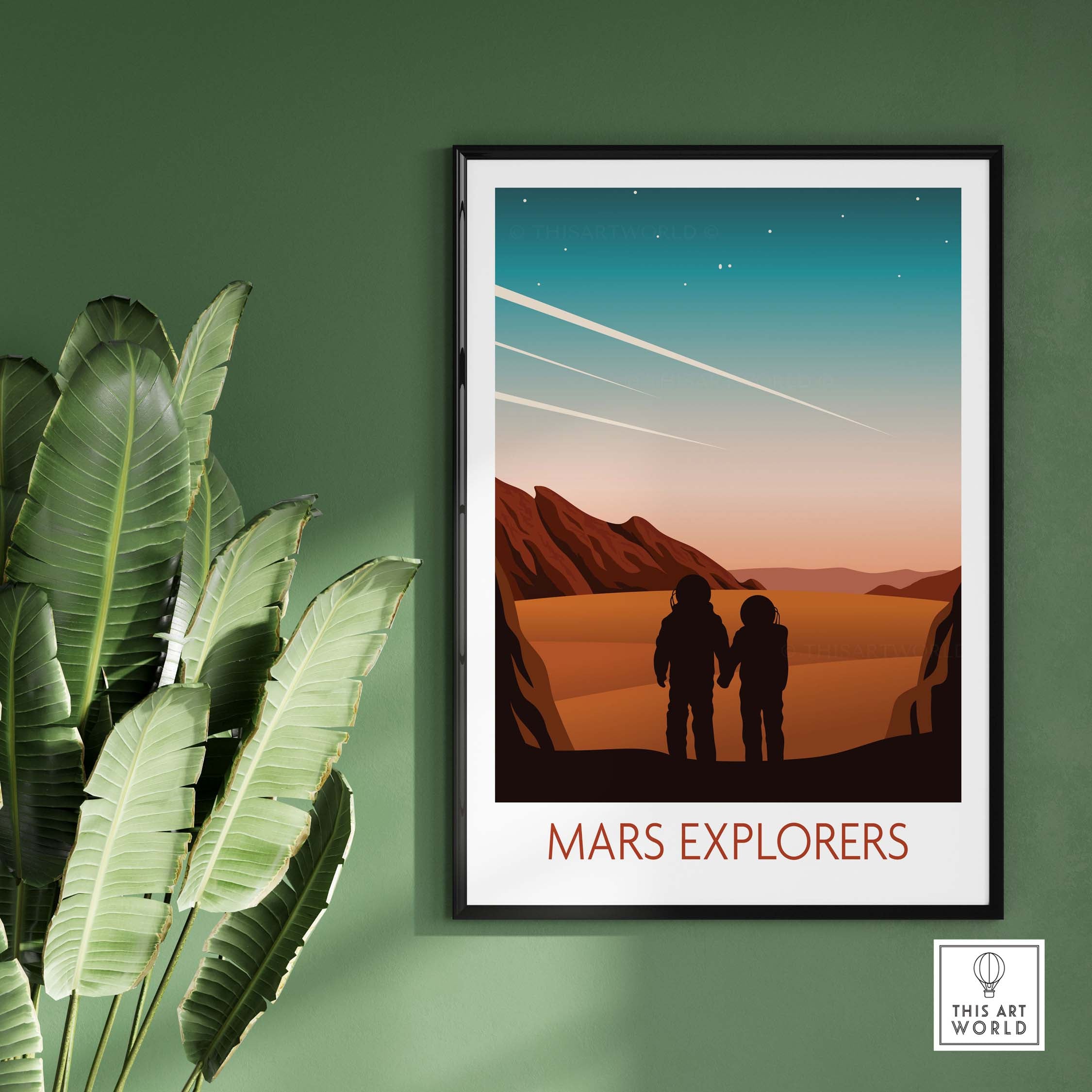 Mars Explorers poster print on wall with greenery, showcasing vintage travel art and wanderlust theme.