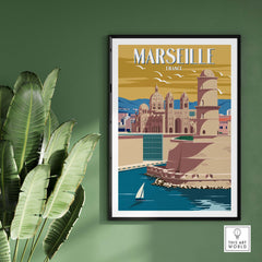 Marseille Print France vintage travel poster artwork framed against a green wall with tropical plant.