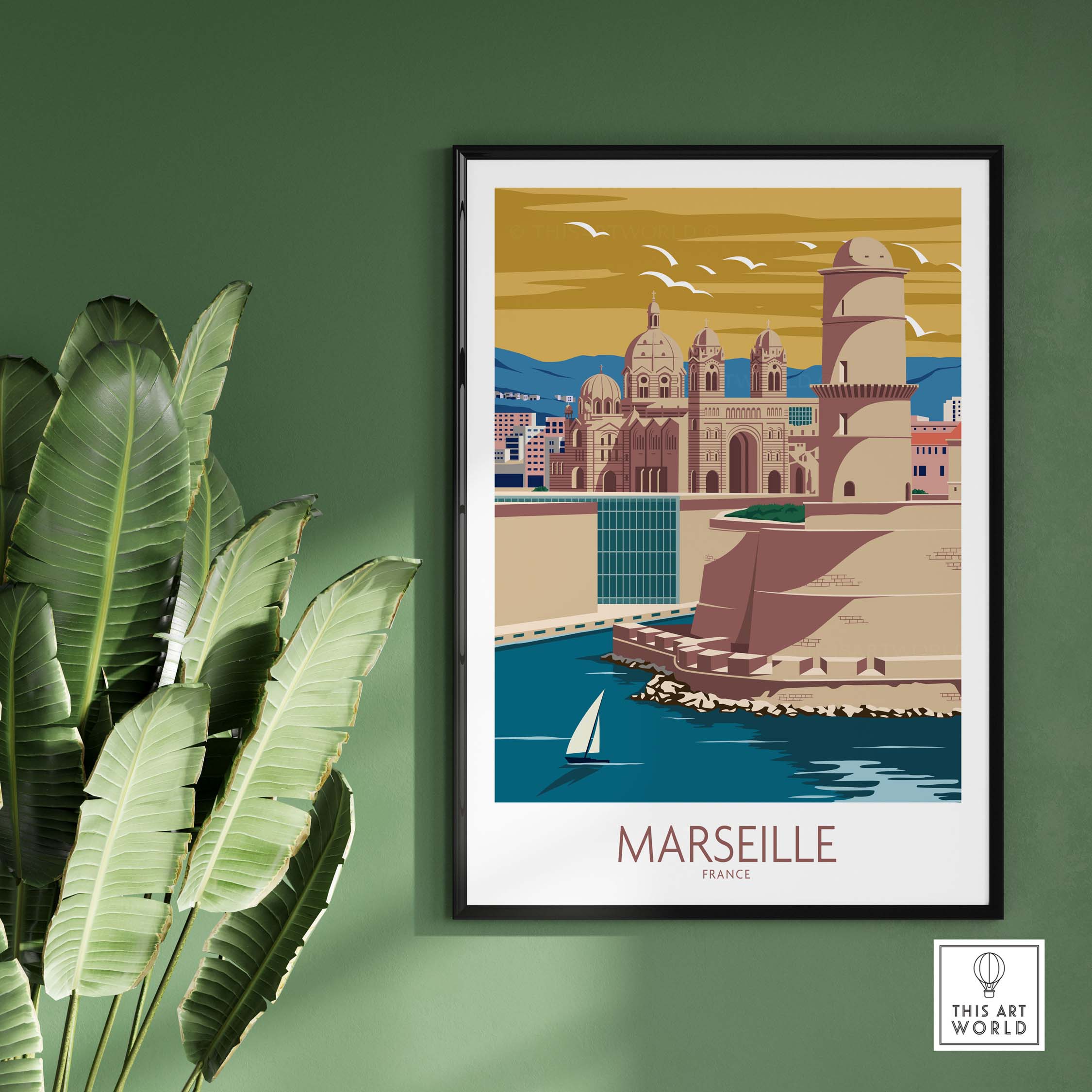 Marseille Poster France Wall Art showcasing vintage travel aesthetics with scenic coastal city view.