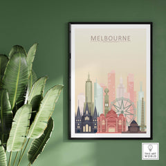 Melbourne skyline print showcasing iconic architecture in warm pastel tones, perfect for city wall art.