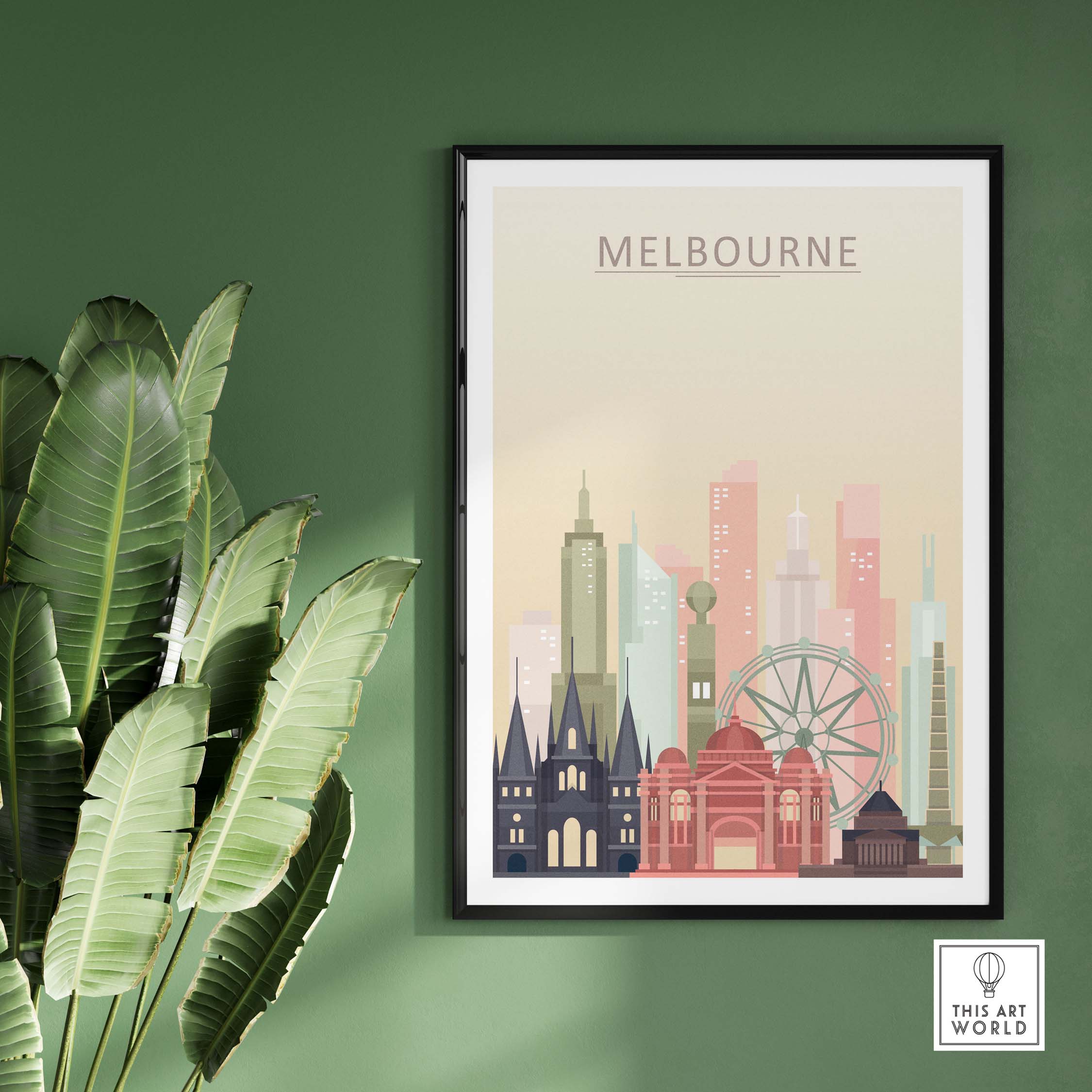 Melbourne skyline print showcasing iconic architecture in warm pastel tones, perfect for city wall art.