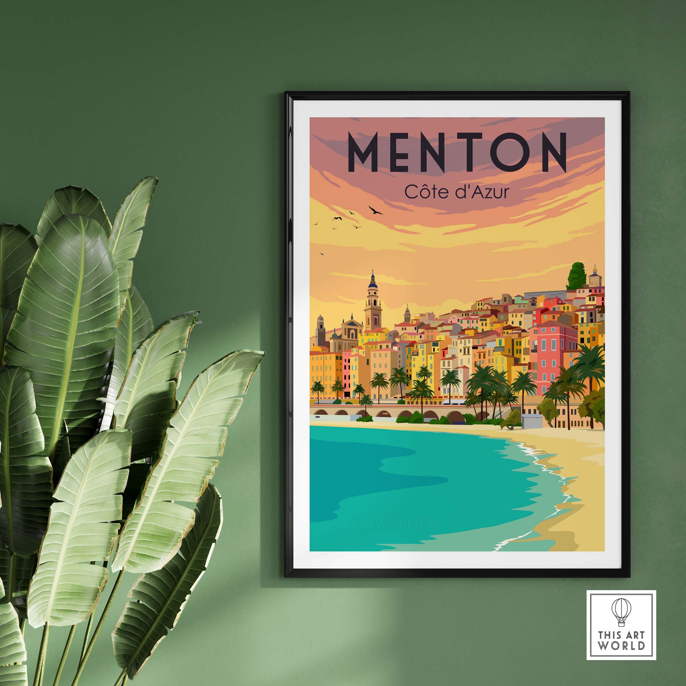 Vintage Menton France print poster featuring coastal scenery and colorful buildings, ideal for travel decor.