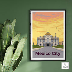 Mexico City Print Poster featuring Palacio de Bellas Artes, vintage style wall art for home or office decor.