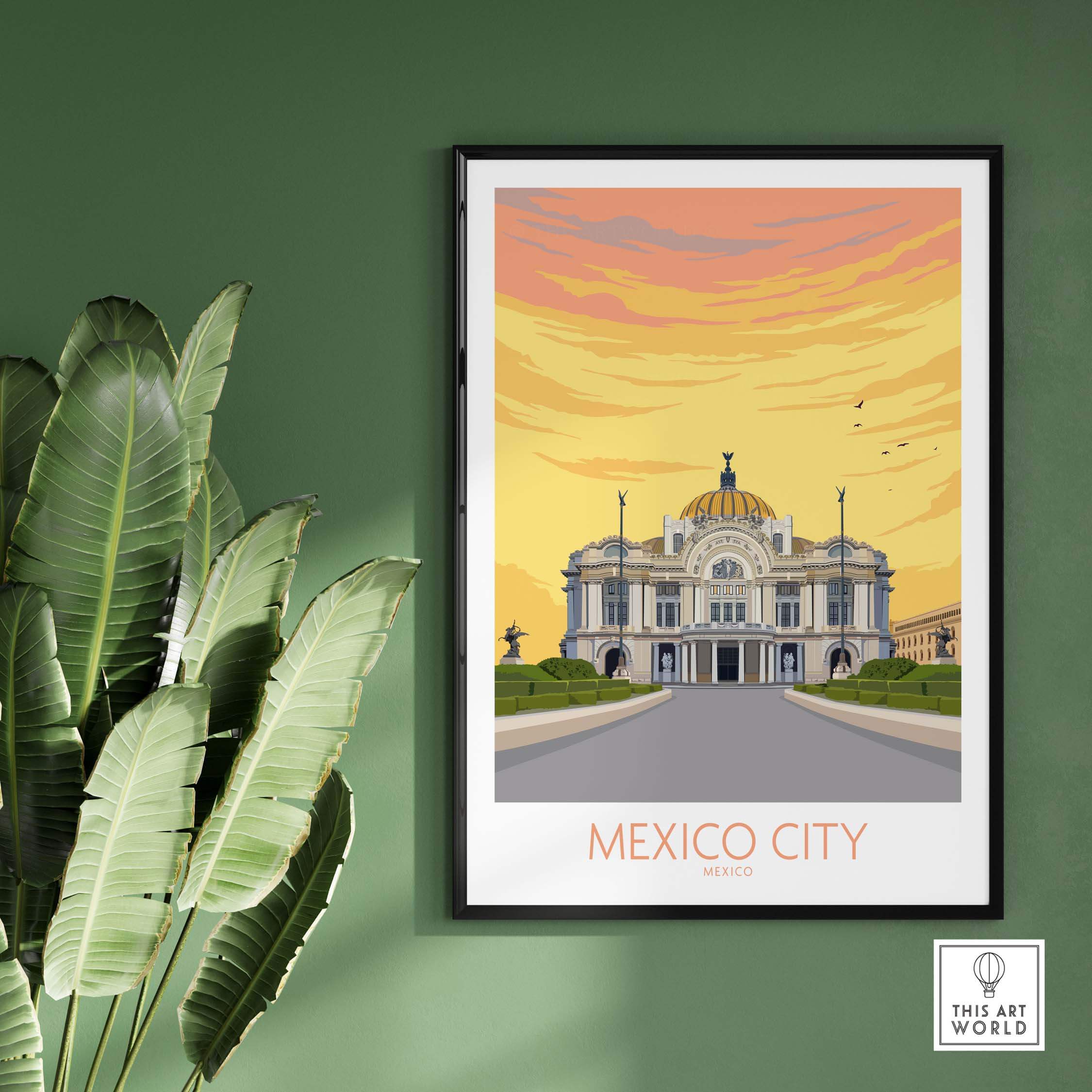 Vintage-inspired Mexico City poster print showcasing iconic architecture and warm sunset hues.