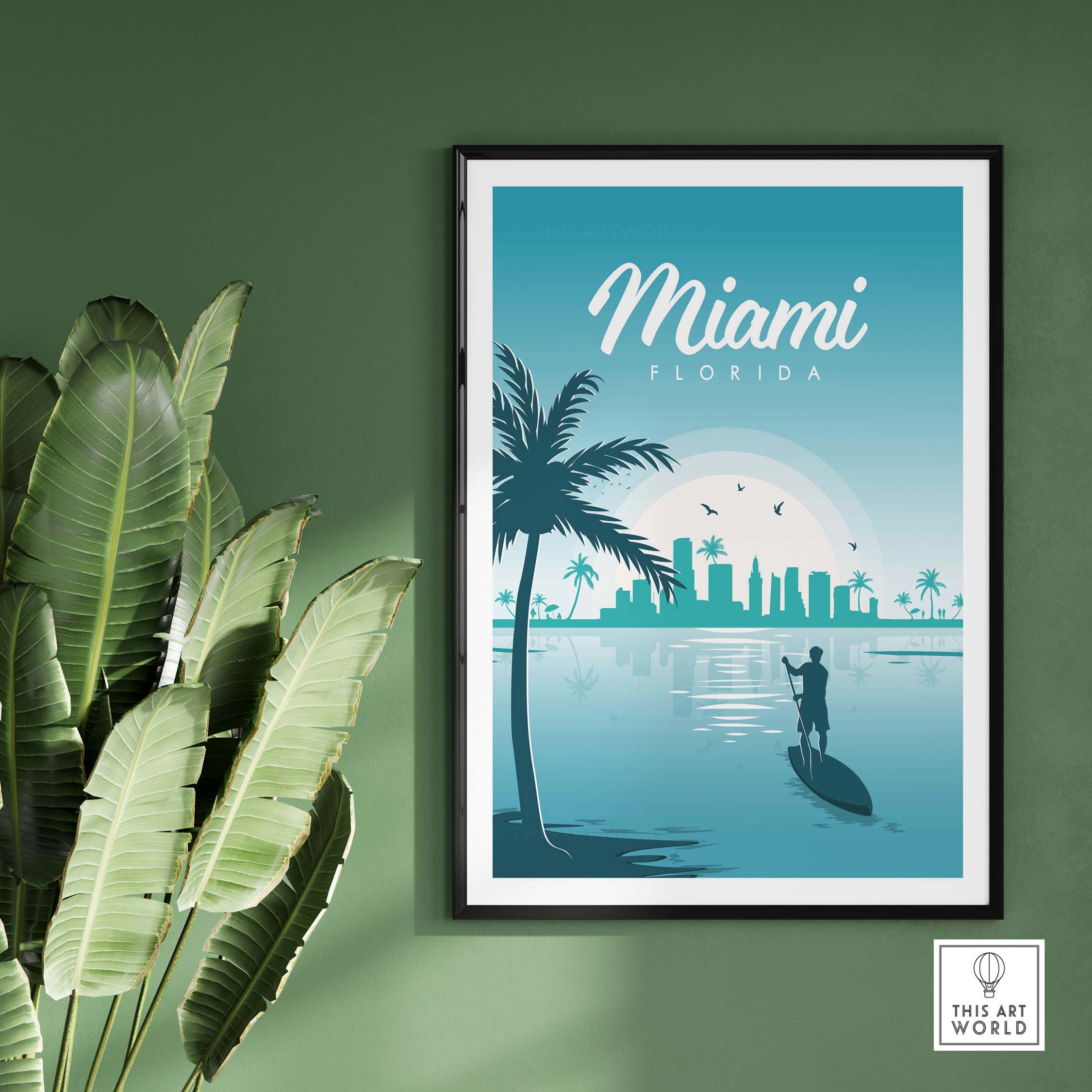 Miami Poster Wall Art Print featuring a skyline, palm trees, and a paddle boarder in a serene blue design.