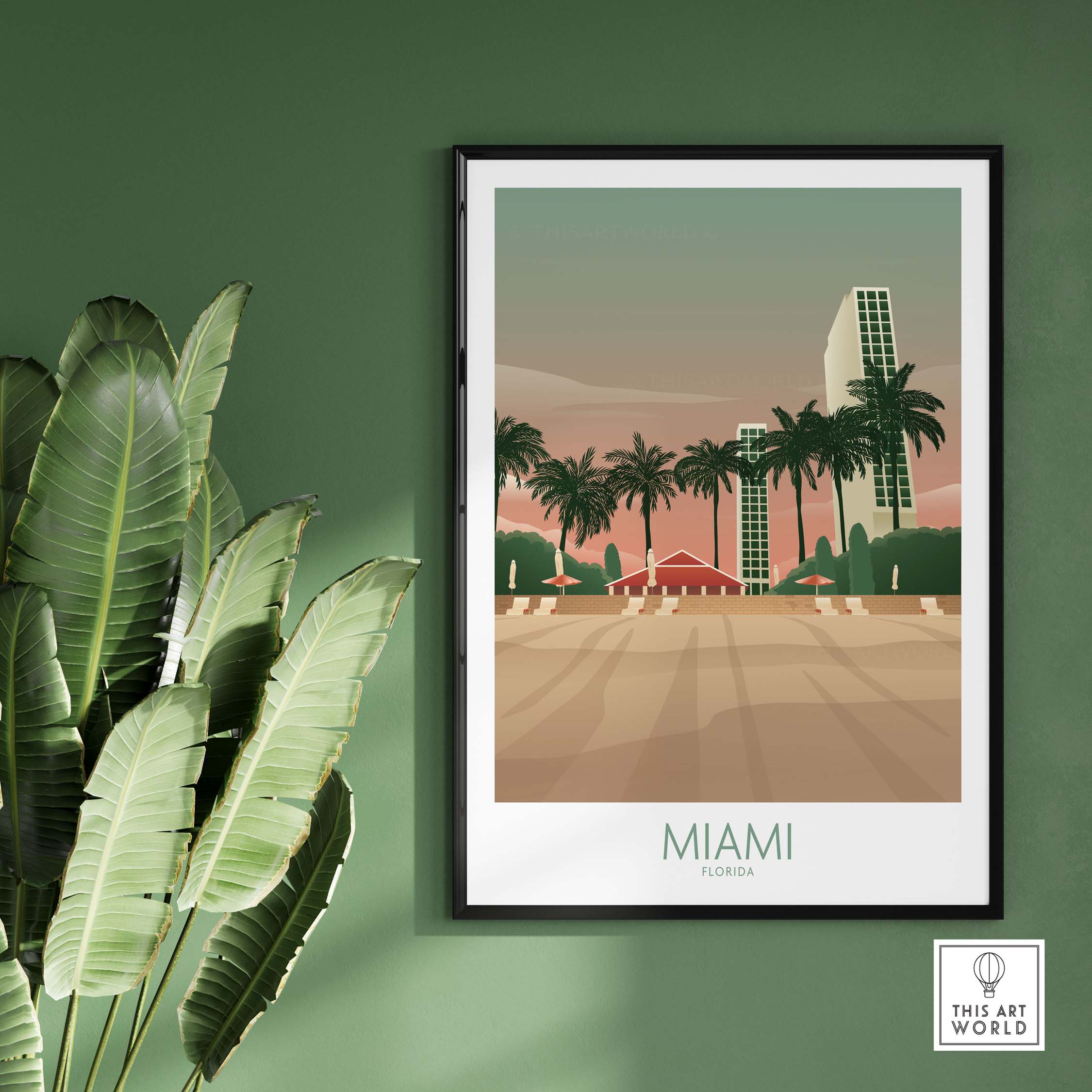 Miami Wall Art Poster Print featuring vintage design with palm trees and buildings, perfect for travel-inspired decor.