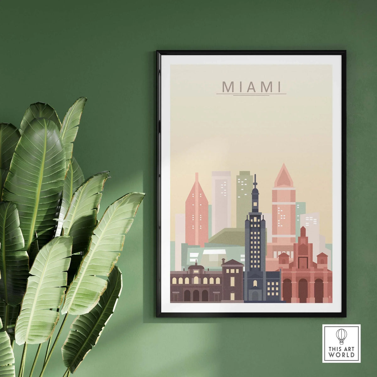 Miami Skyline Wall Art Print in pastel colors, framed on green wall, showcasing iconic city architecture.