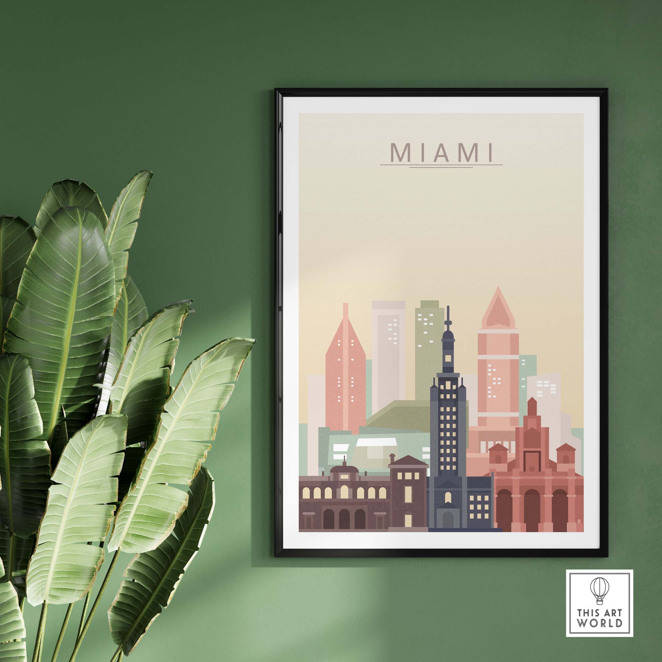 Miami Skyline Wall Art Print in pastel colors, framed on green wall, showcasing iconic city architecture.
