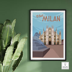 Vintage Milan print poster wall art showcasing the iconic cathedral, perfect for home or office decor.