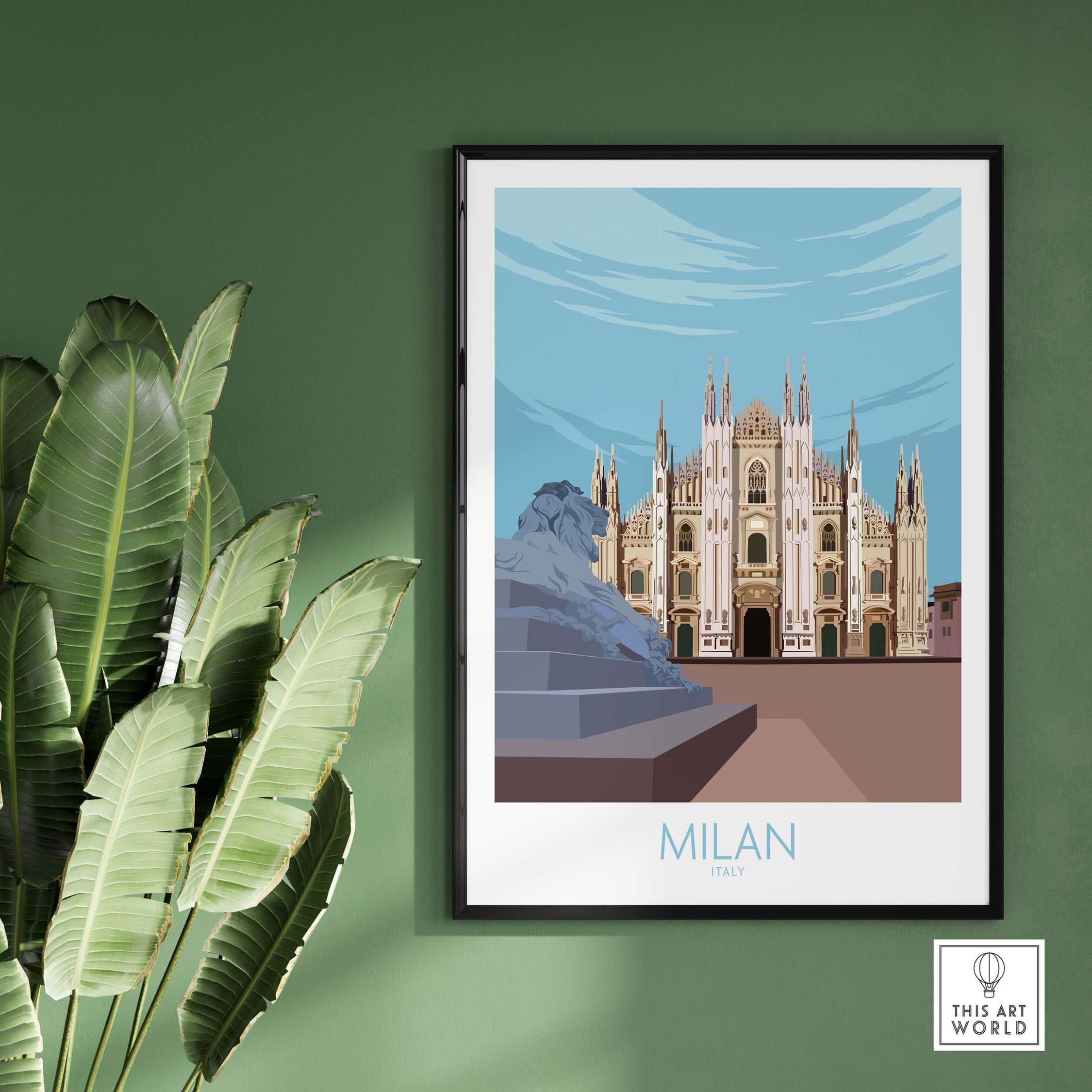 Milan Print Italy Poster featuring the iconic Milan Cathedral in a vintage travel art style.