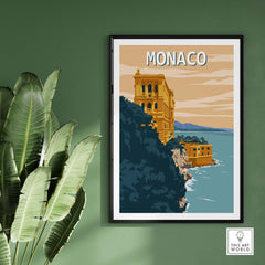 Monaco Wall Art Print featuring a vintage-inspired illustration of coastal architecture and landscapes.
