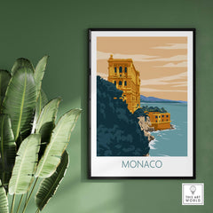 Monaco poster print on green wall, featuring vintage minimalist design of Monaco's coastal buildings.