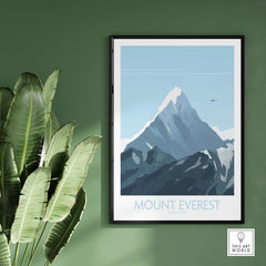 Mount Everest Print Travel Poster on a green wall, showcasing vintage travel art for home or office decor.