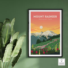 Mount Rainier National Park vintage travel poster print with vibrant colors and floral details.