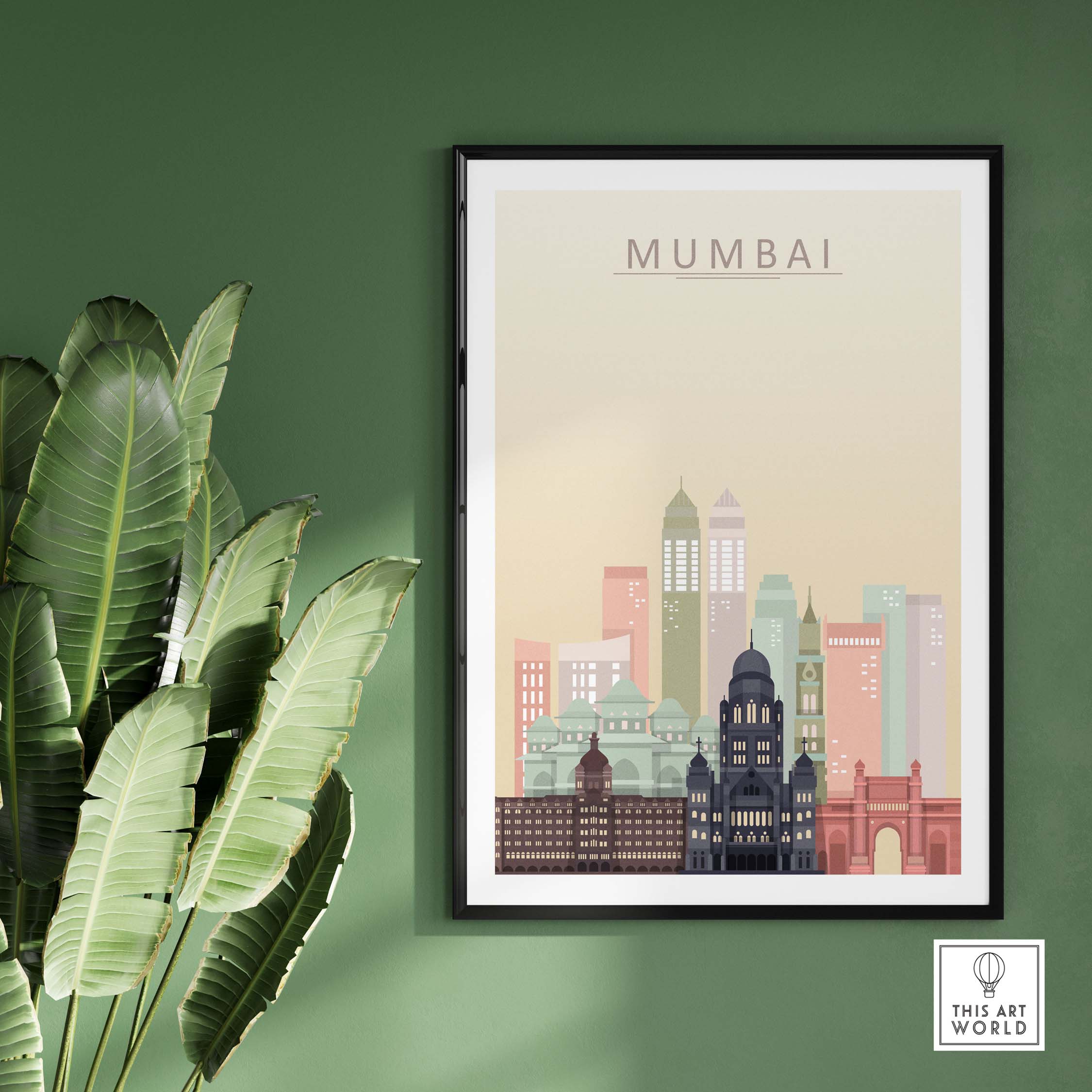 Mumbai skyline wall art print framed on green wall, showcasing iconic architecture in warm pastel tones.