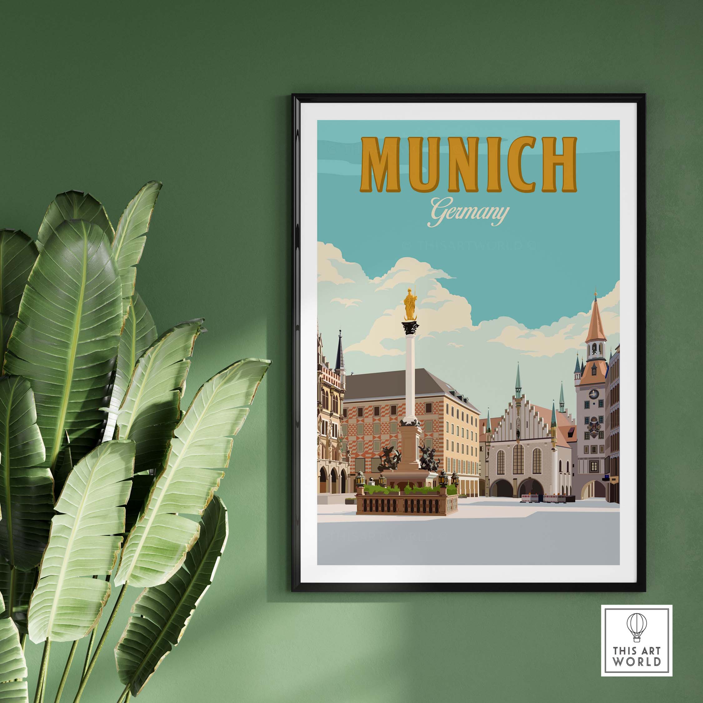 Munich Germany print showcasing iconic architecture in a nostalgic vintage travel poster style, framed on a green wall.