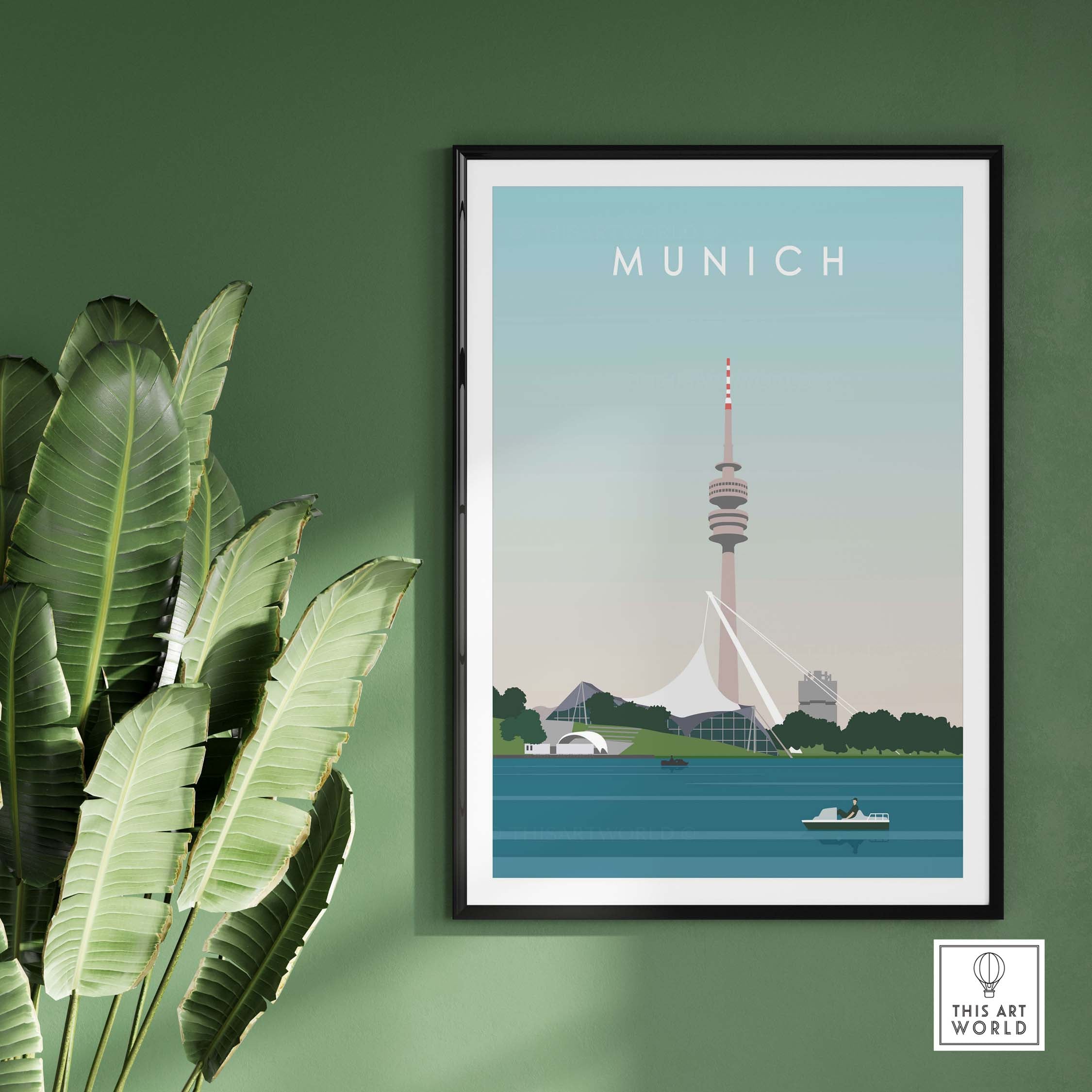 Munich Print Travel Poster showcasing the city's skyline and iconic tower, perfect for home or office decor.