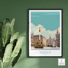 Munich poster artwork featuring iconic landmarks in minimalist style, perfect for home or office decor.