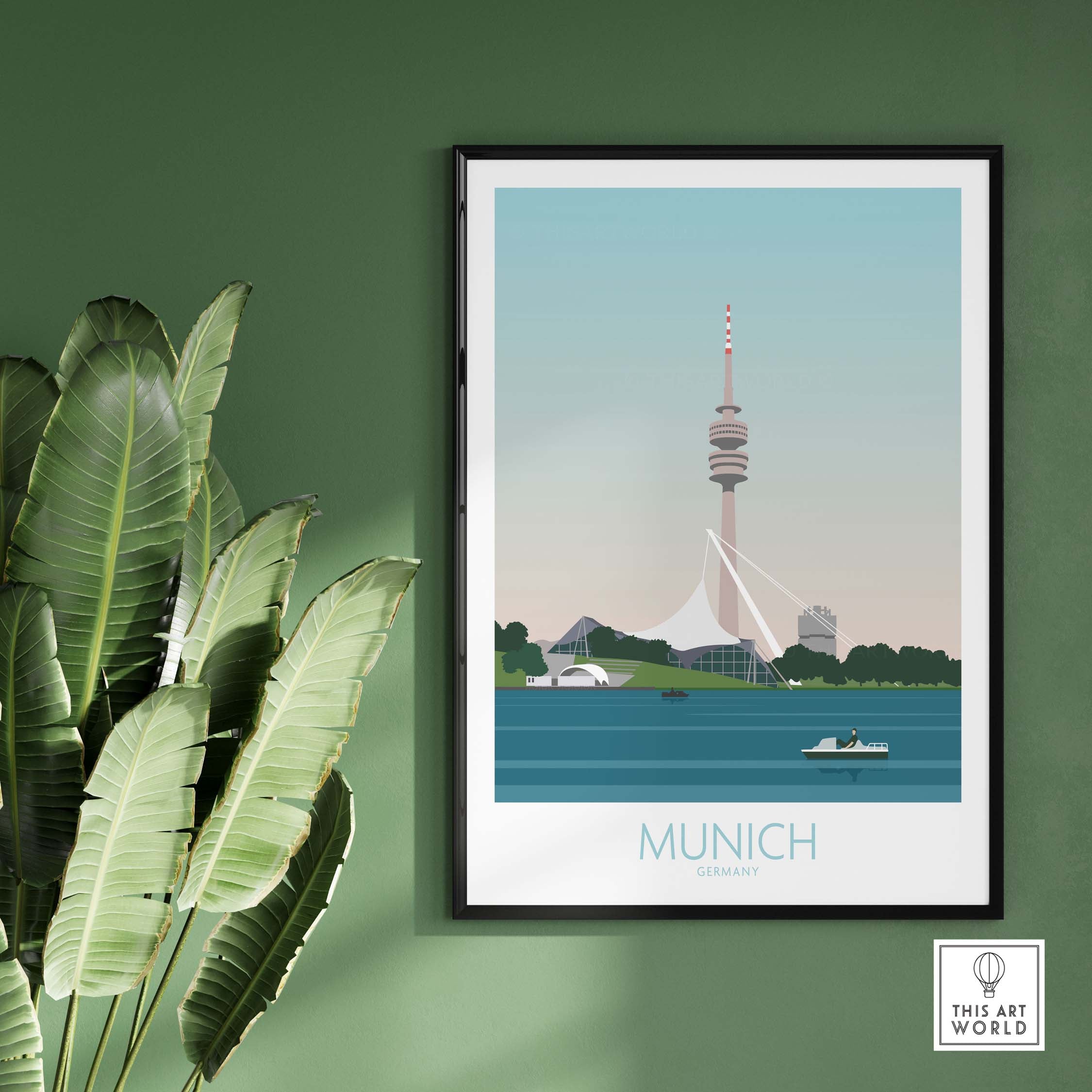 Munich poster print featuring a scenic view of the city with the TV tower, framed artwork on a green wall.