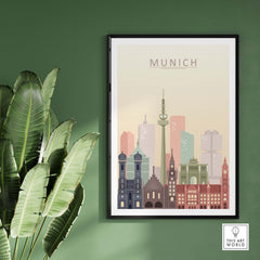 Munich skyline print featuring iconic buildings in warm pastel tones, framed art display with greenery.