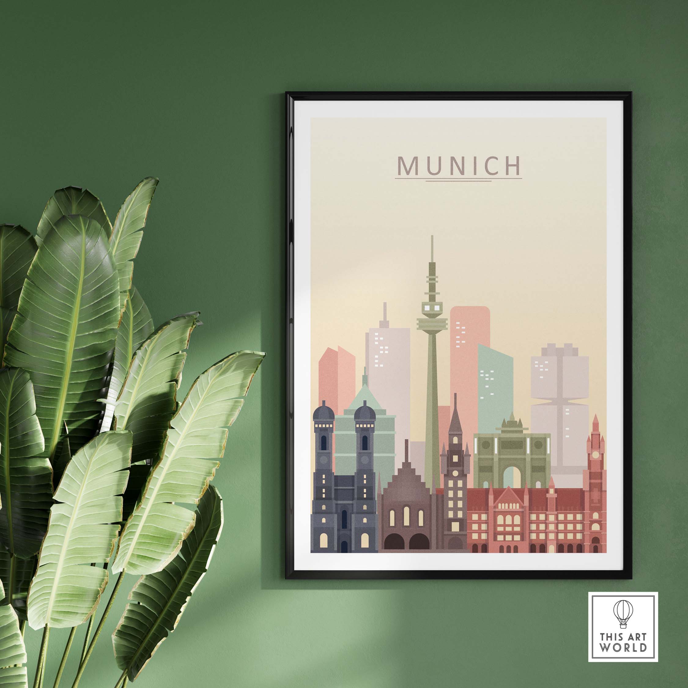 Munich skyline print featuring iconic buildings in warm pastel tones, framed art display with greenery.
