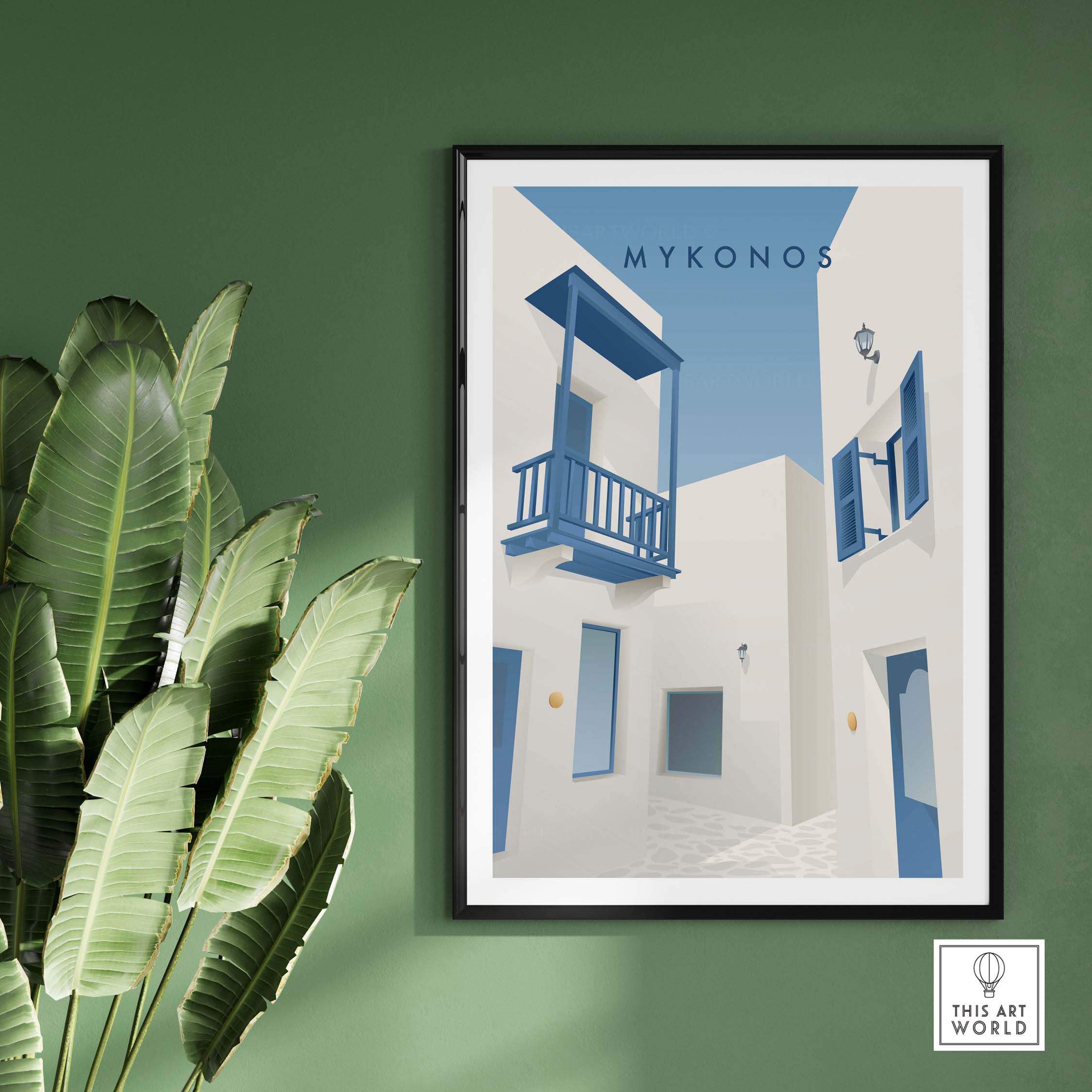 Mykonos wall art poster featuring vintage-inspired Greek architecture on a green wall with plants.