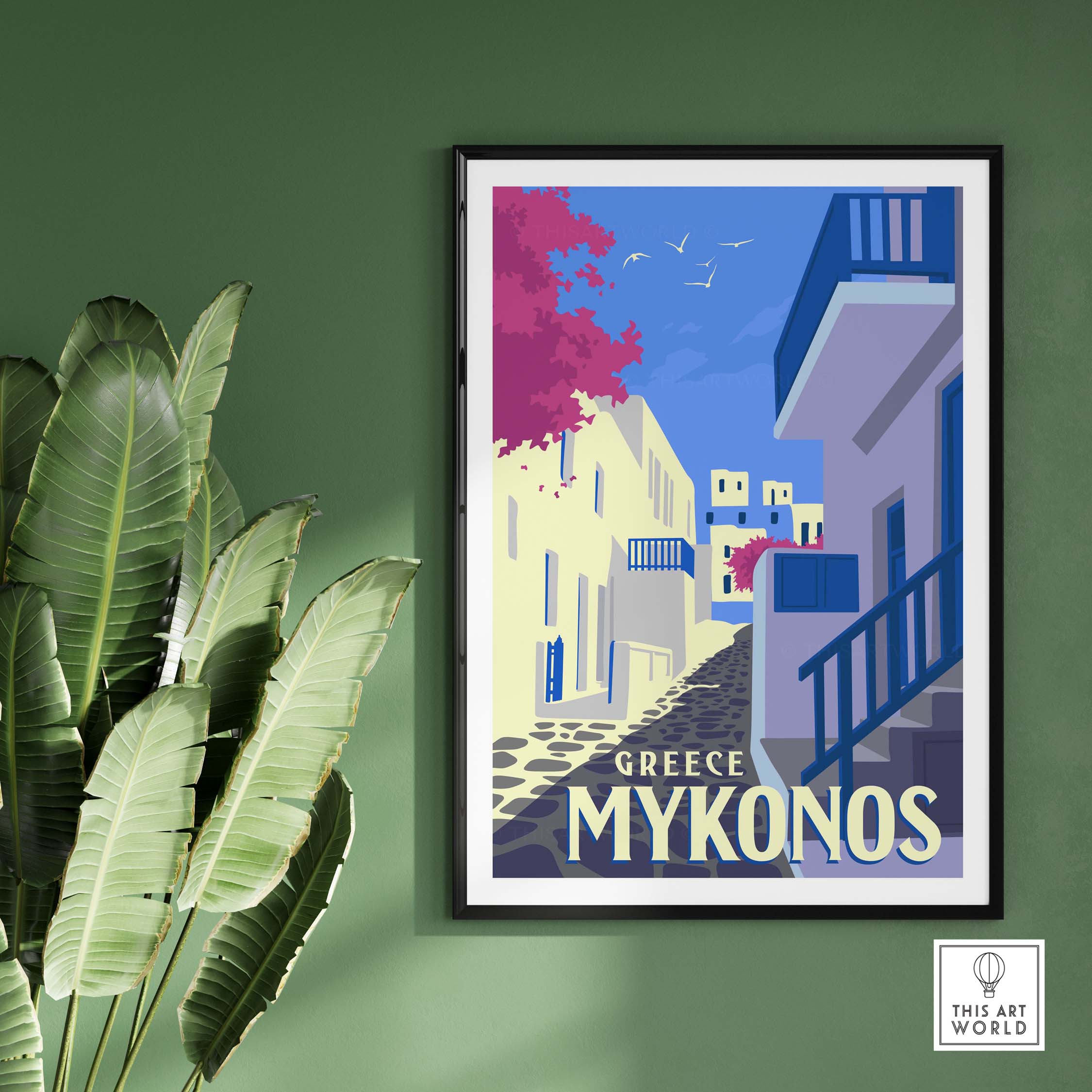 Mykonos vintage travel poster wall art print featuring a picturesque street scene in Greece.
