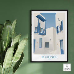 Stylish Mykonos wall art print featuring blue balconies and white buildings, perfect for home or office decor.