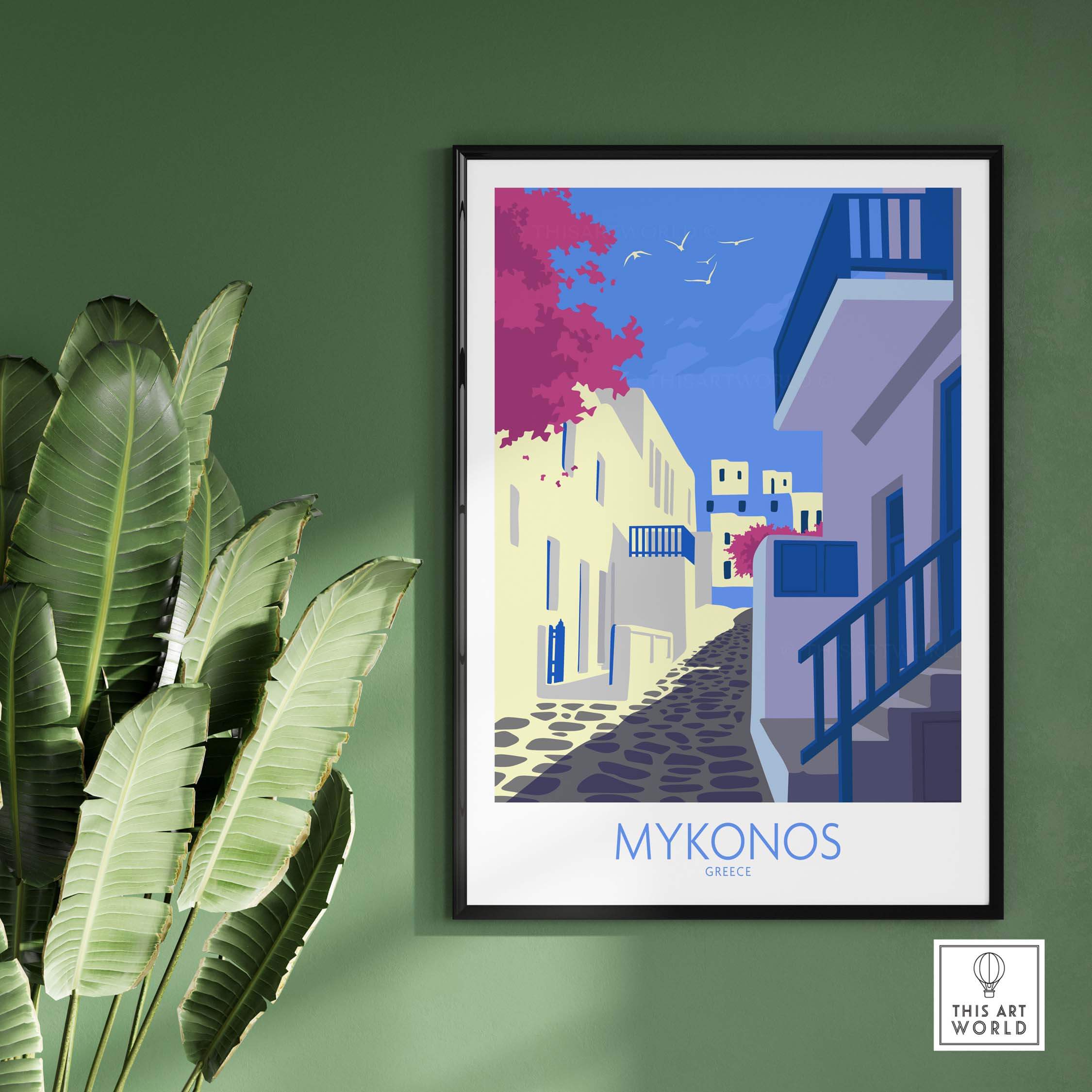 Mykonos Print Travel Poster featuring a vibrant street scene with blue and white buildings, ideal for home or office decor.