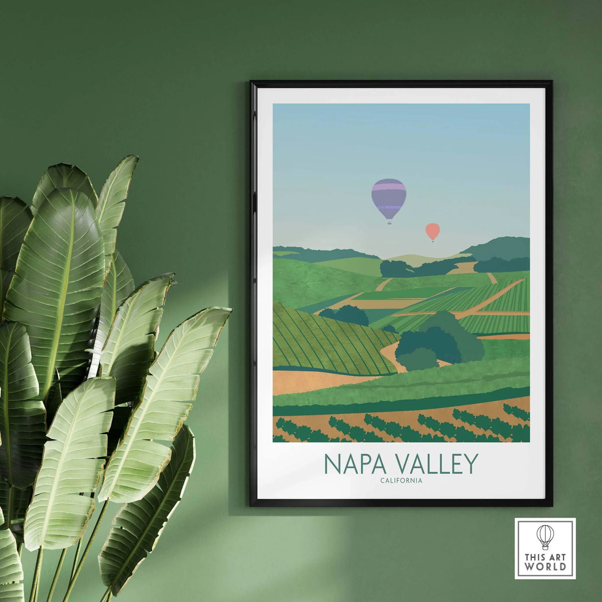 Napa Valley art print showcasing vineyards and hot air balloons, perfect for home decor and travel inspiration.