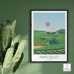 Napa Valley art print showcasing vineyards and hot air balloons, perfect for home decor and travel inspiration.
