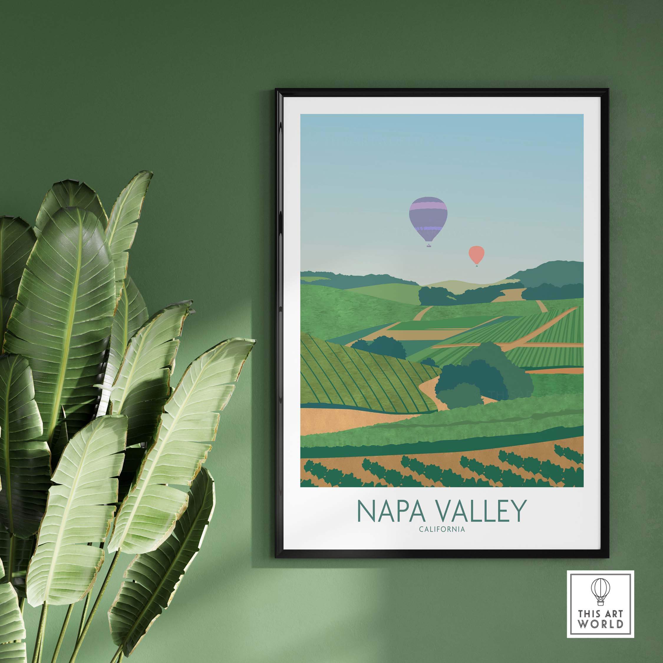 Napa Valley art print showcasing vineyards and hot air balloons, perfect for home decor and travel inspiration.