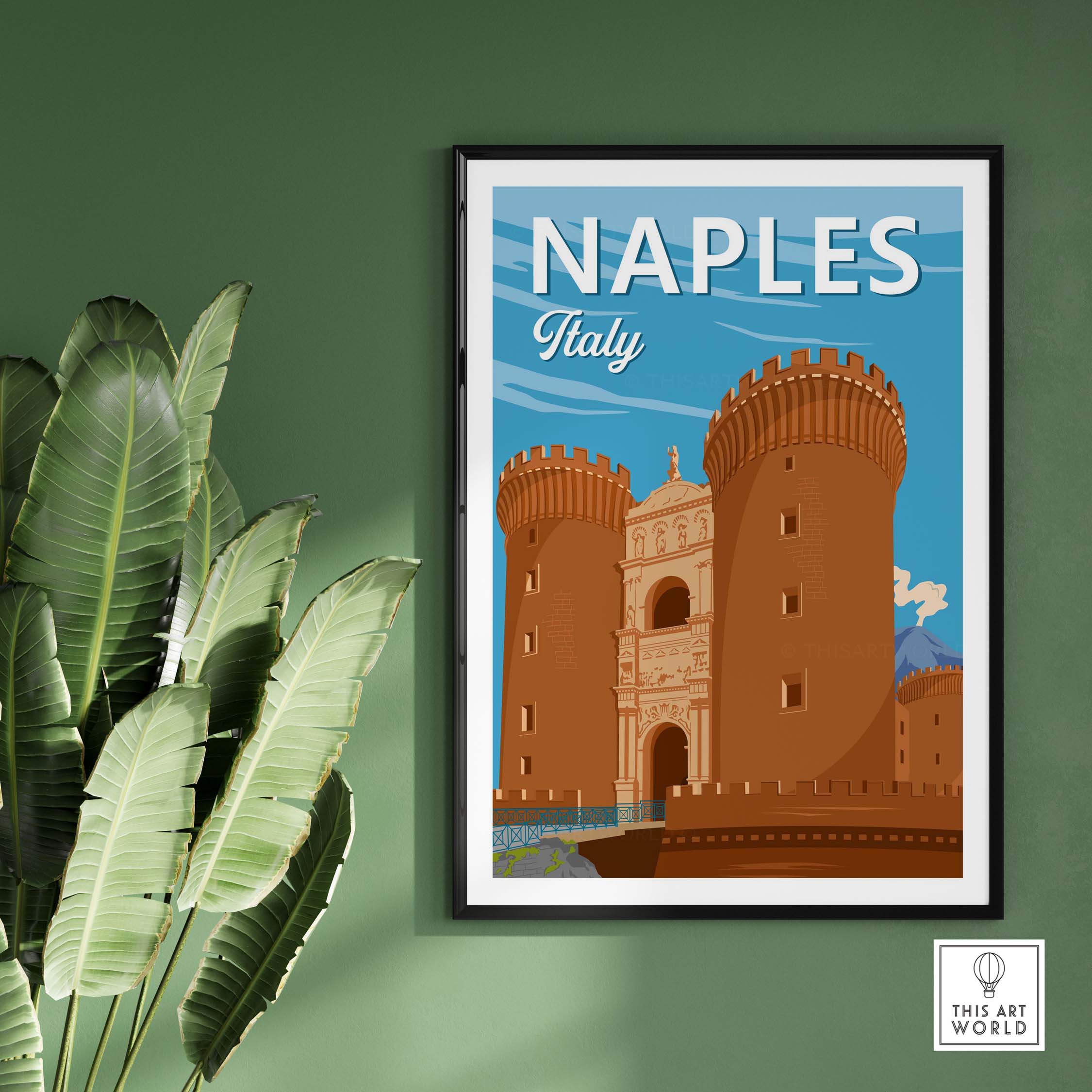 Vintage Naples Italy travel poster featuring iconic castles, framed against a green wall.