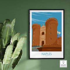 Naples Italy poster featuring a vintage castle design, framed artwork for stylish home or office decor.
