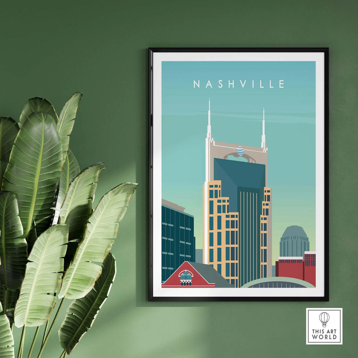 Framed Nashville Art Print showcasing iconic skyline, perfect for home or office decor.