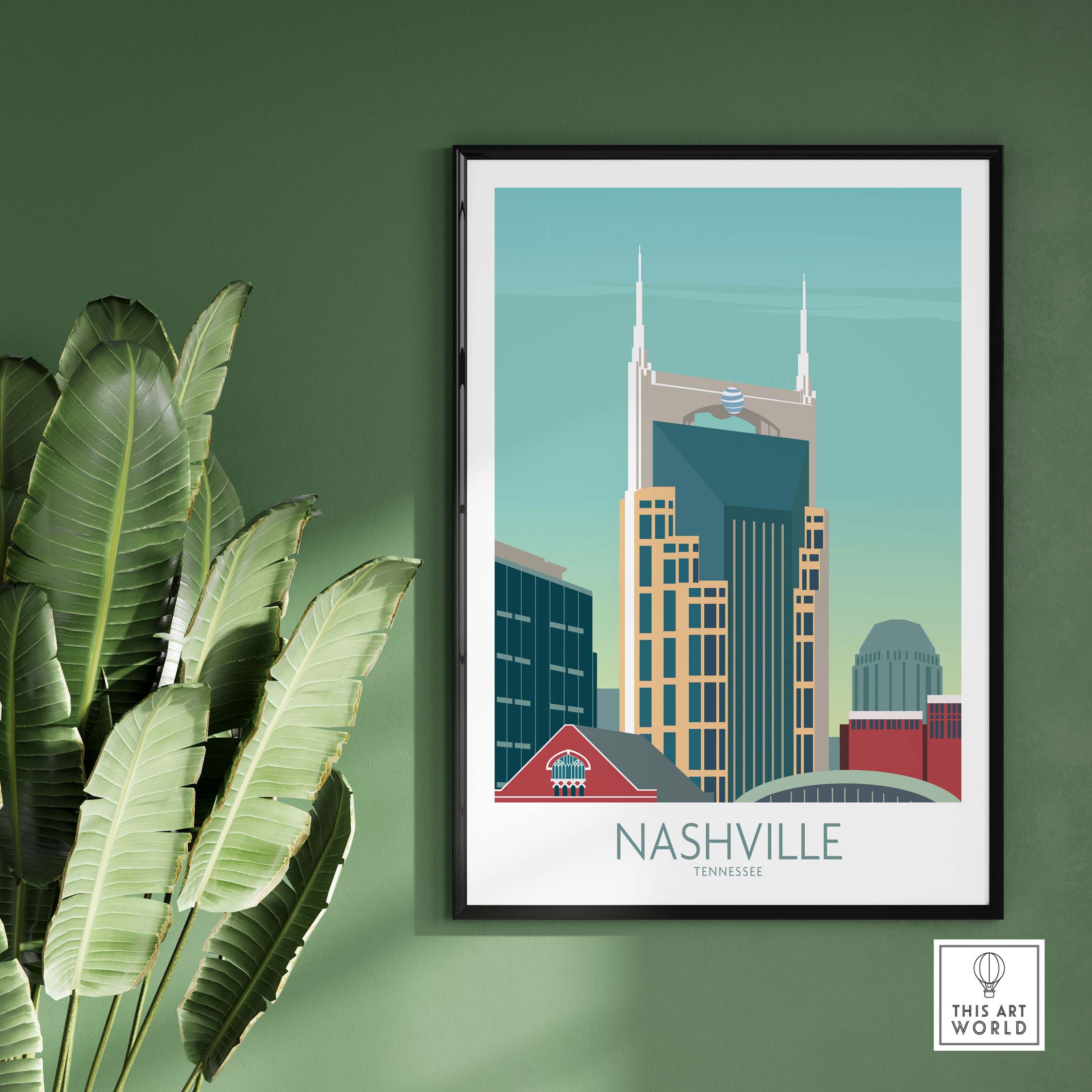 Nashville Poster featuring the skyline and iconic landmarks, framed on a green wall with indoor plants.