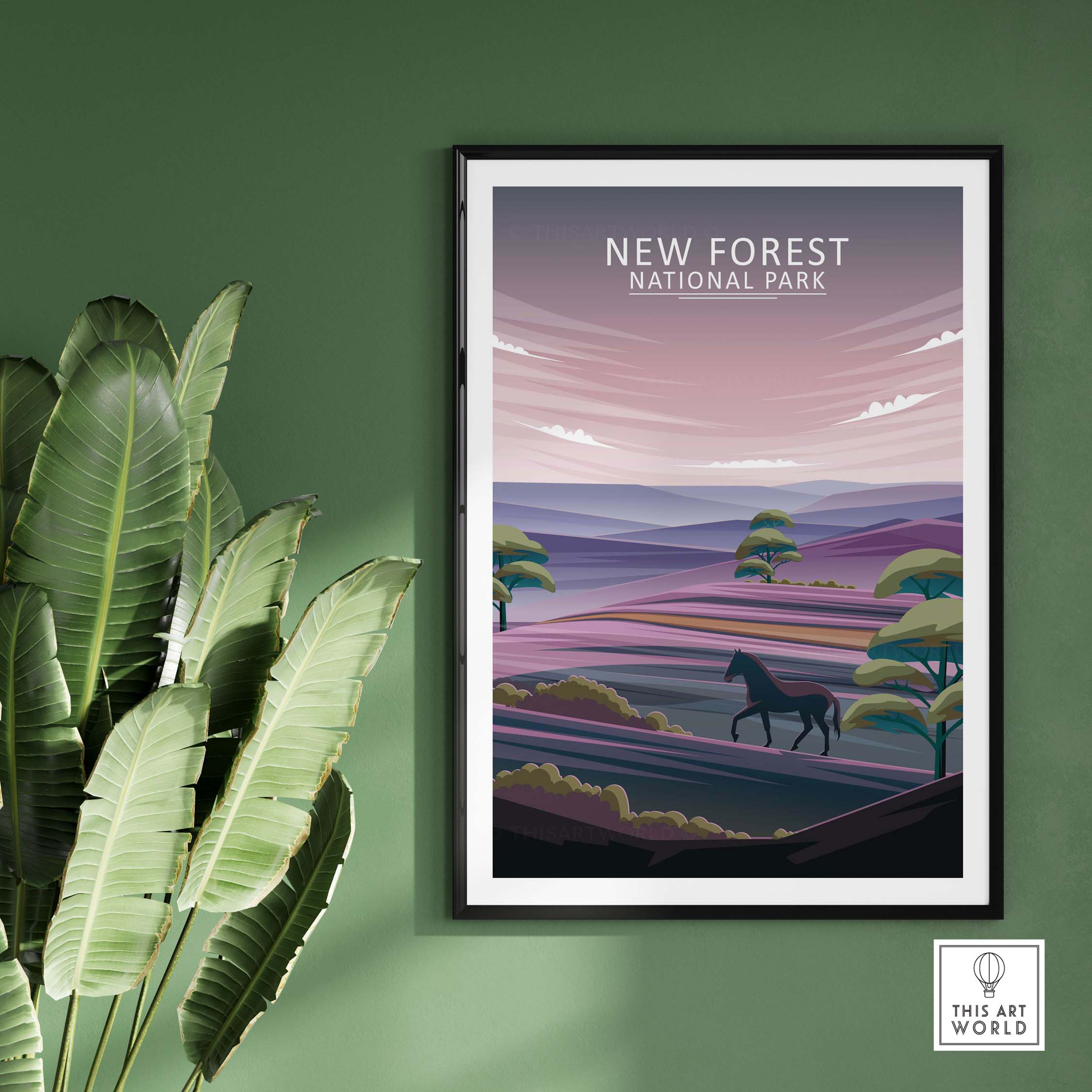 Minimalist New Forest National Park poster with a horse, framed and displayed on a green wall.