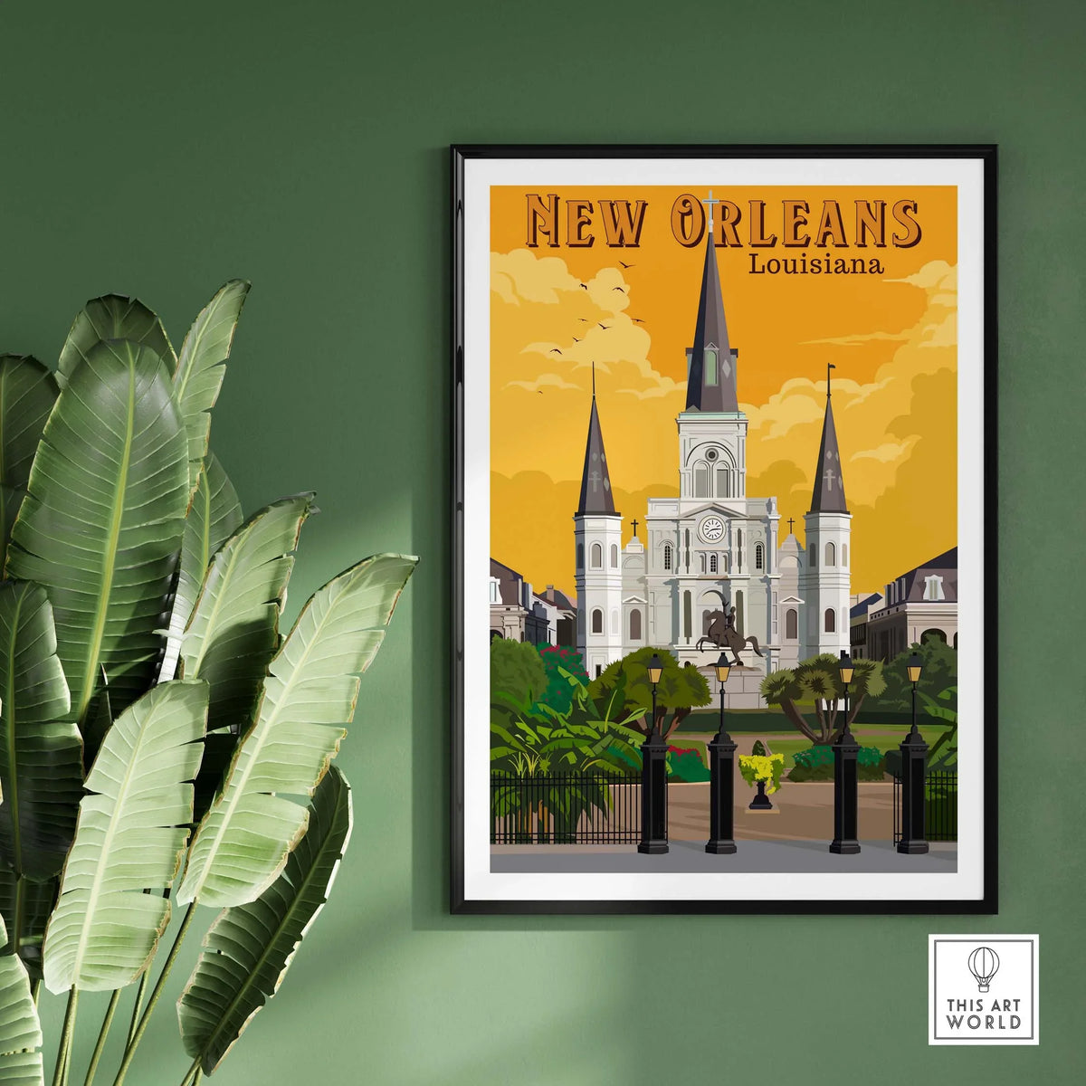 New Orleans art print featuring St. Louis Cathedral and vibrant yellow sky, adding travel-inspired decor to any space.
