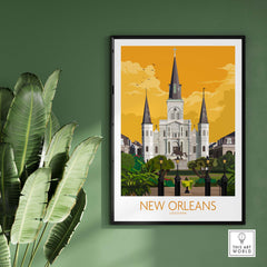 New Orleans poster featuring a vintage design of St. Louis Cathedral in Louisiana, perfect for home or office decor.