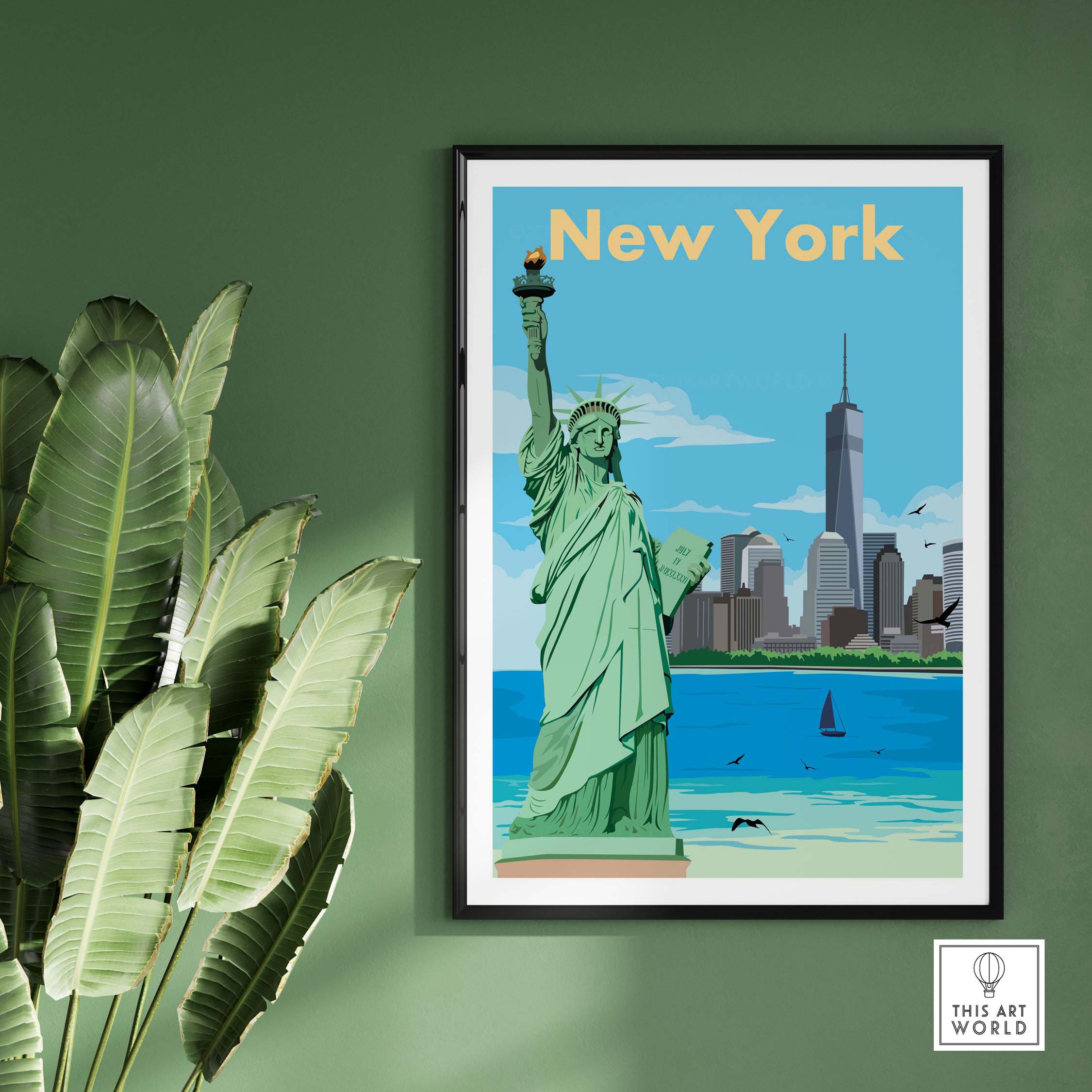 Vintage New York print poster featuring the Statue of Liberty and skyline, ideal for stylish wall art decor.